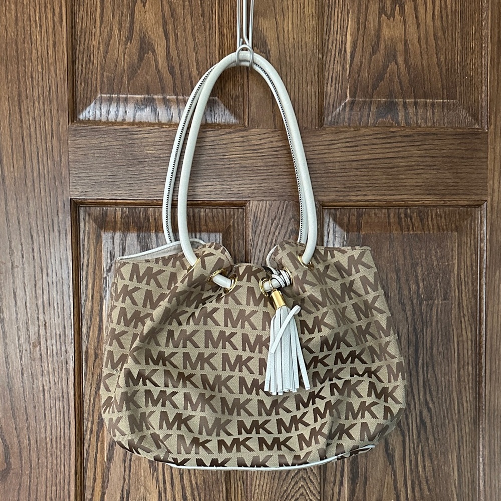 Michael Kors Tan MK Monogram Tote with White Handles